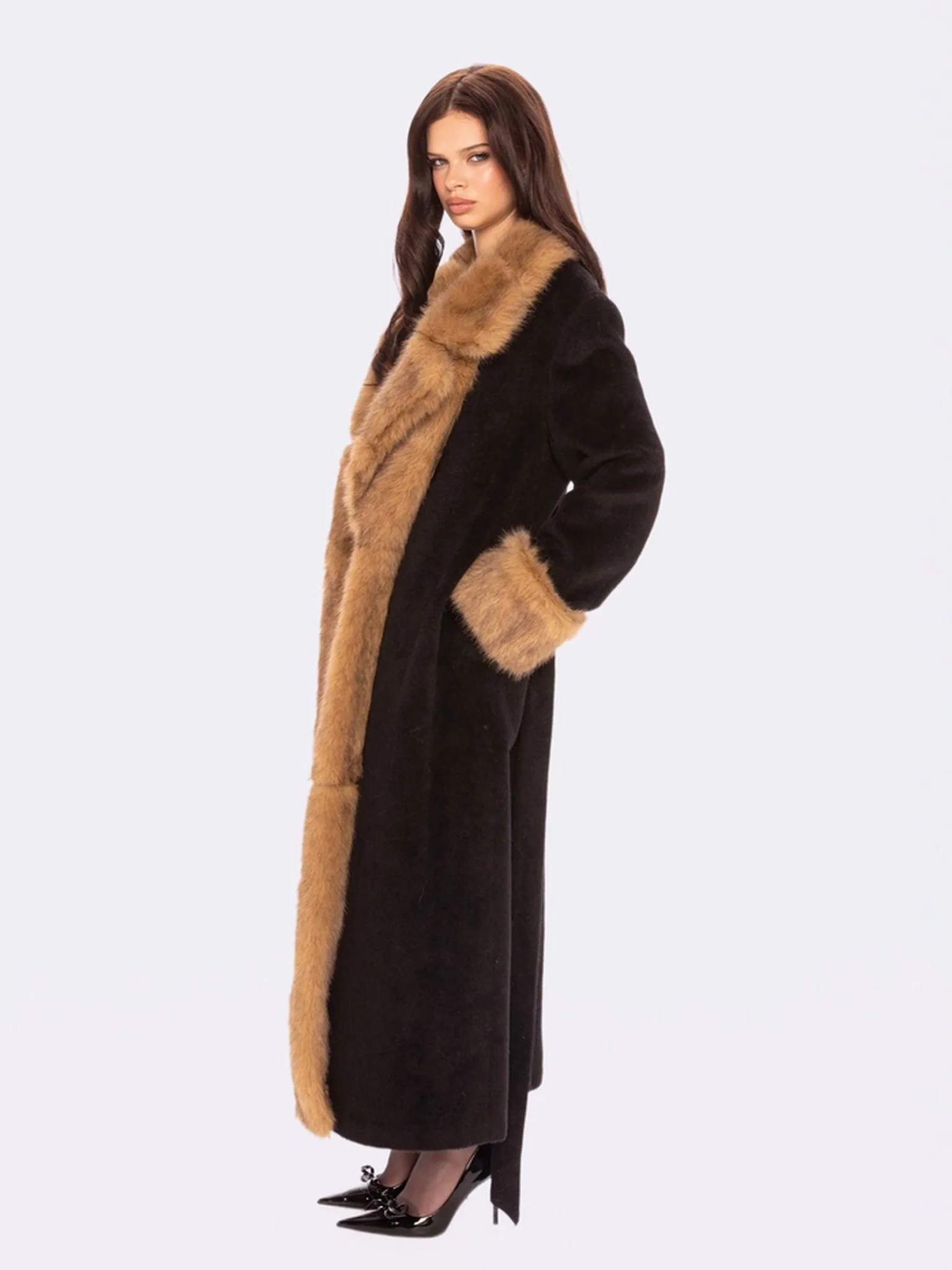 Adriana Faux Fur Coat (Black & Brown) - Image 7