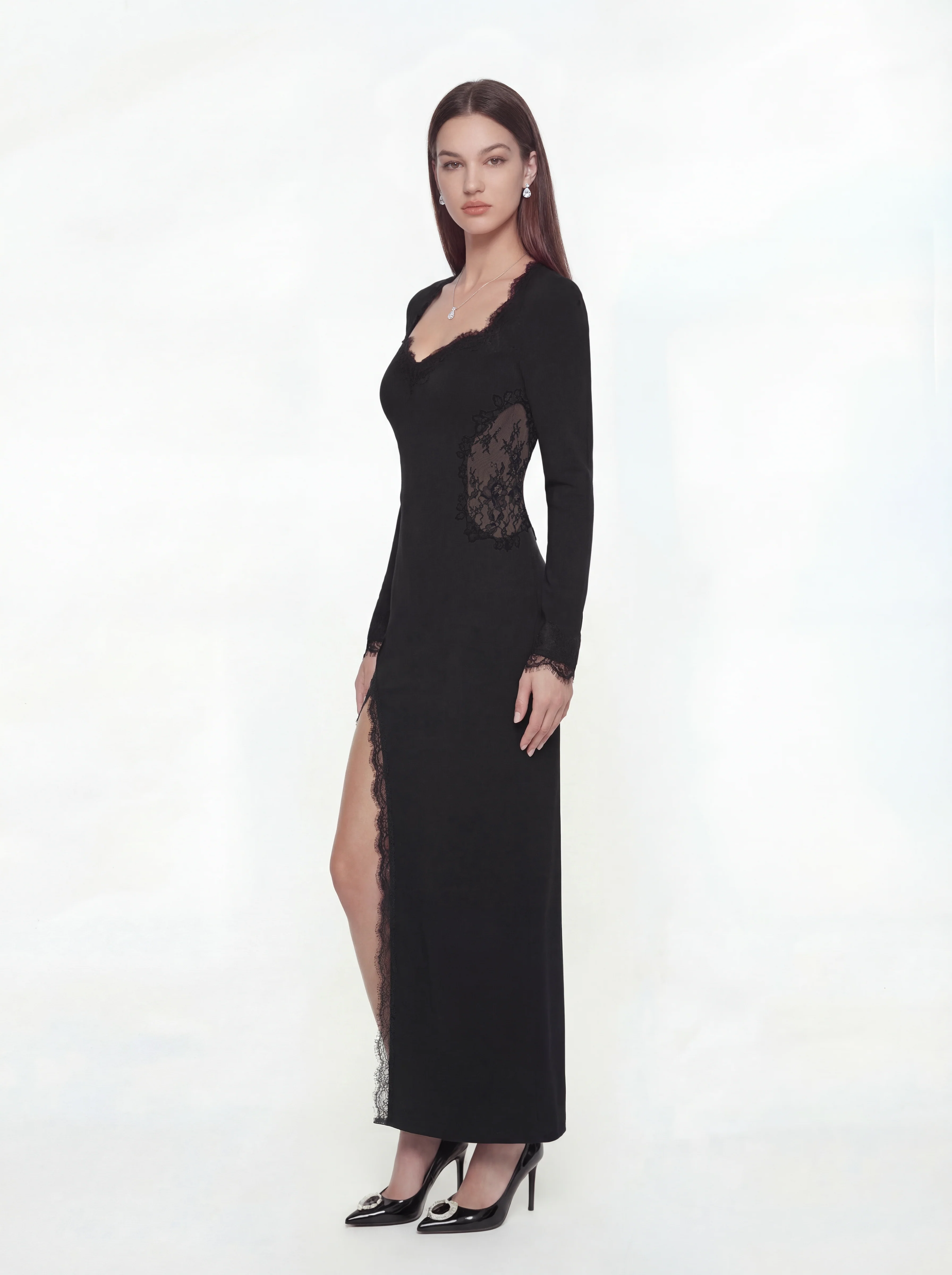 Adriana Lace High-Slit Black Acetate Dress - Image 2
