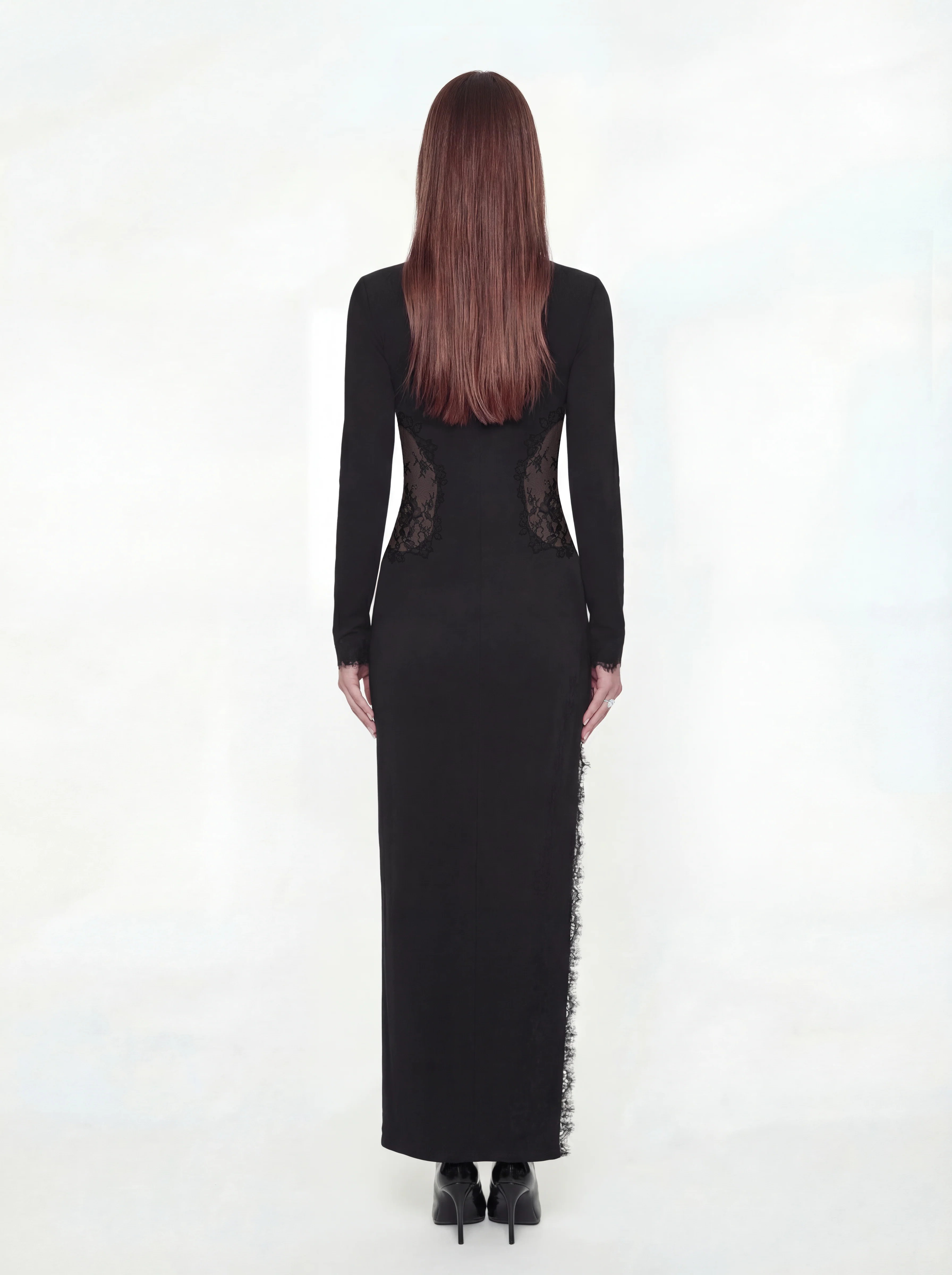 Adriana Lace High-Slit Black Acetate Dress - Image 3