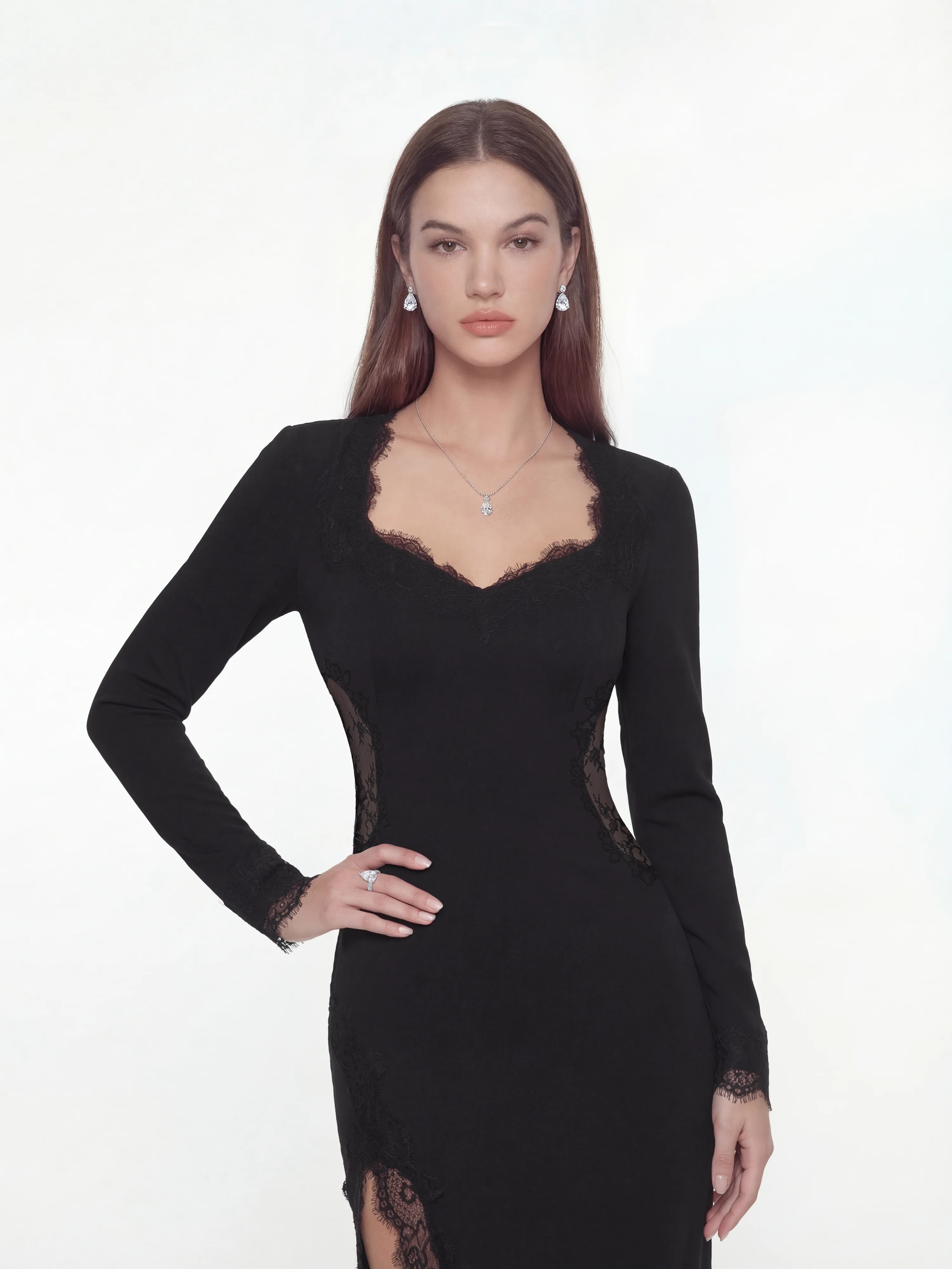 Adriana Lace High-Slit Black Acetate Dress - Image 4