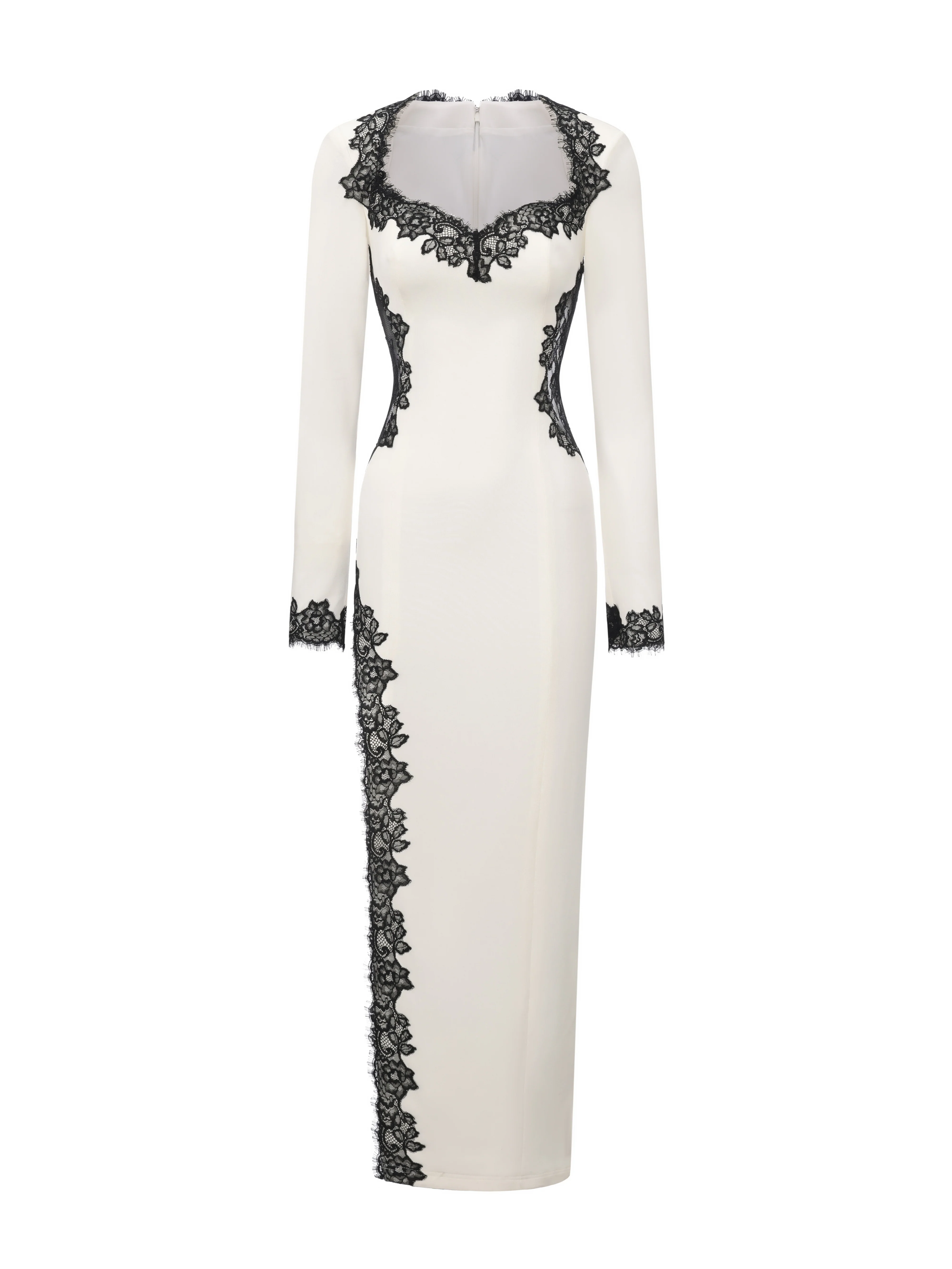 Adriana Lace Trim High-Slit Ivory Acetate Dress - Image 11