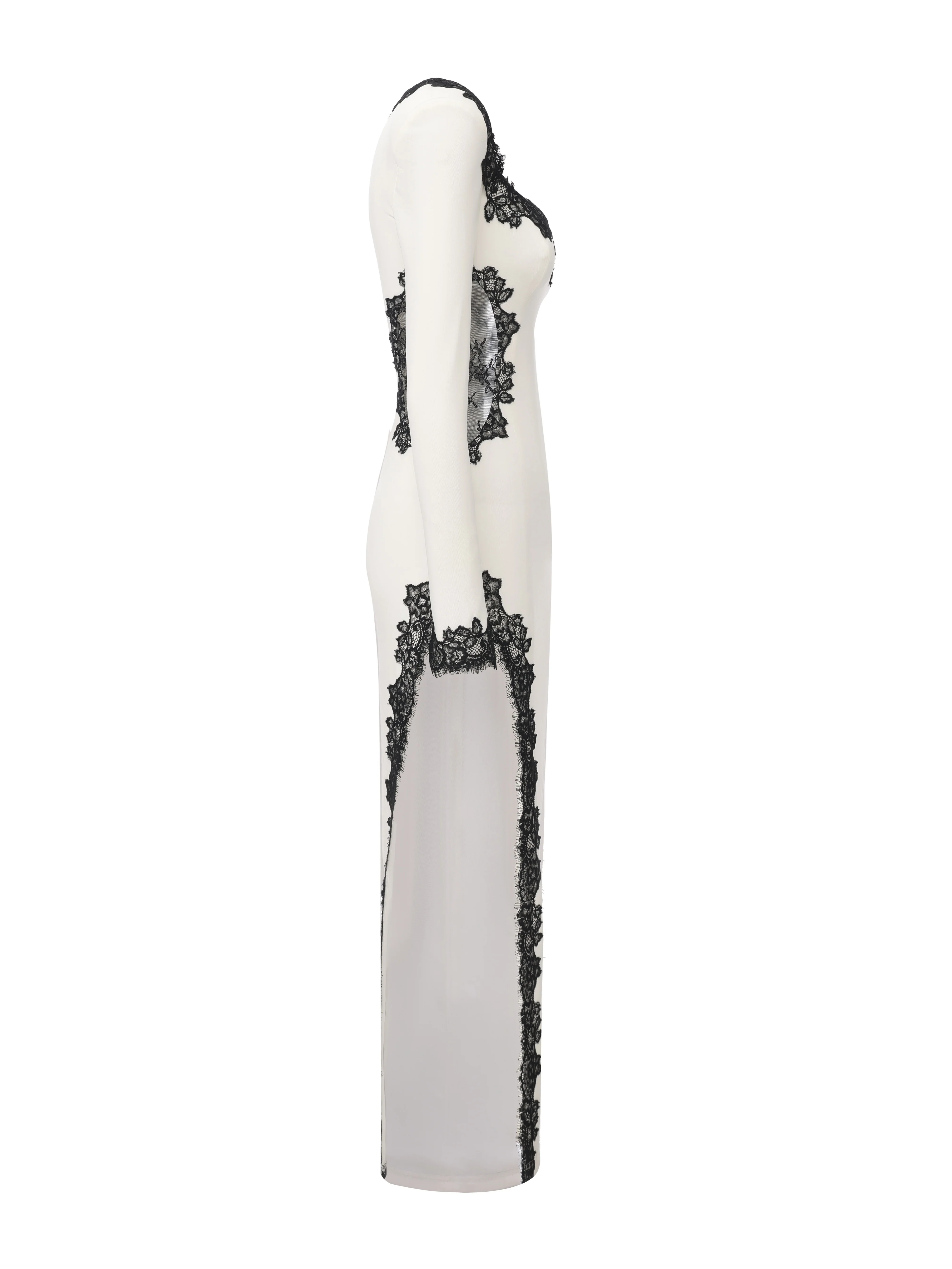 Adriana Lace Trim High-Slit Ivory Acetate Dress - Image 12