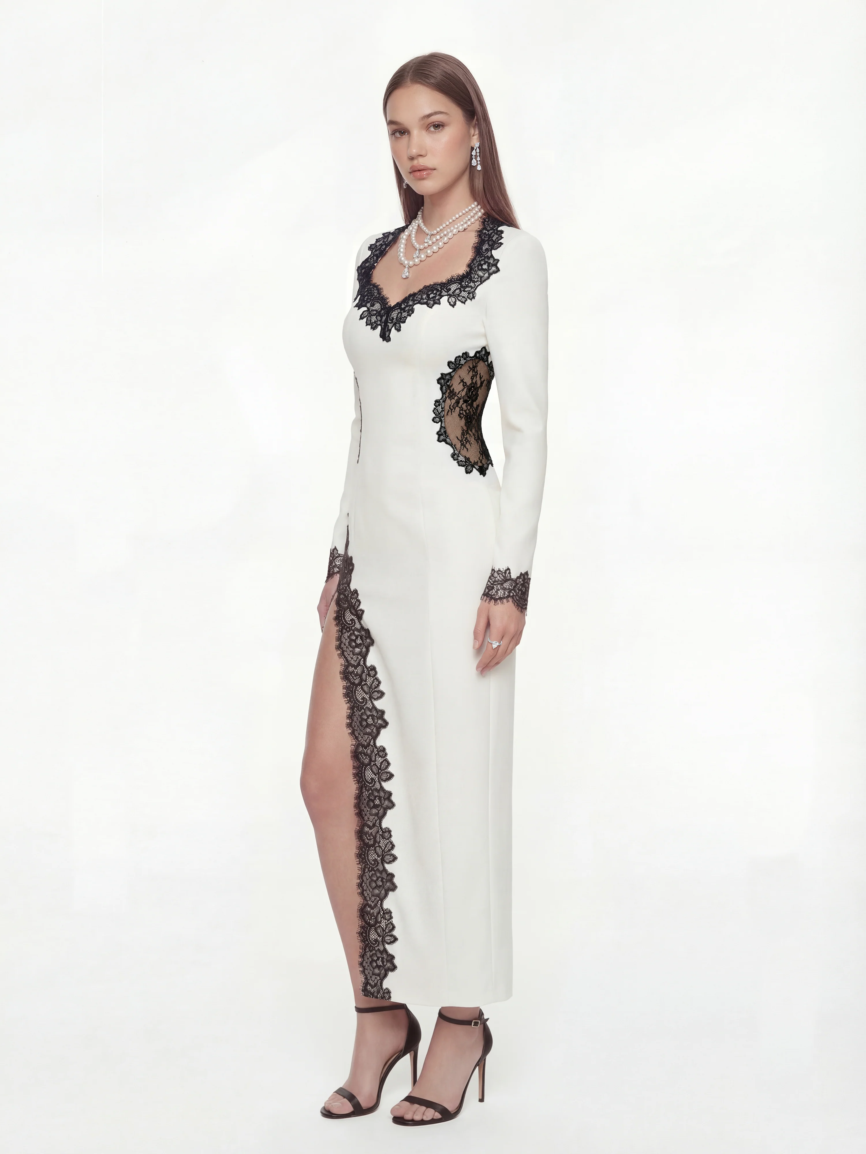 Adriana Lace Trim High-Slit Ivory Acetate Dress - Image 4