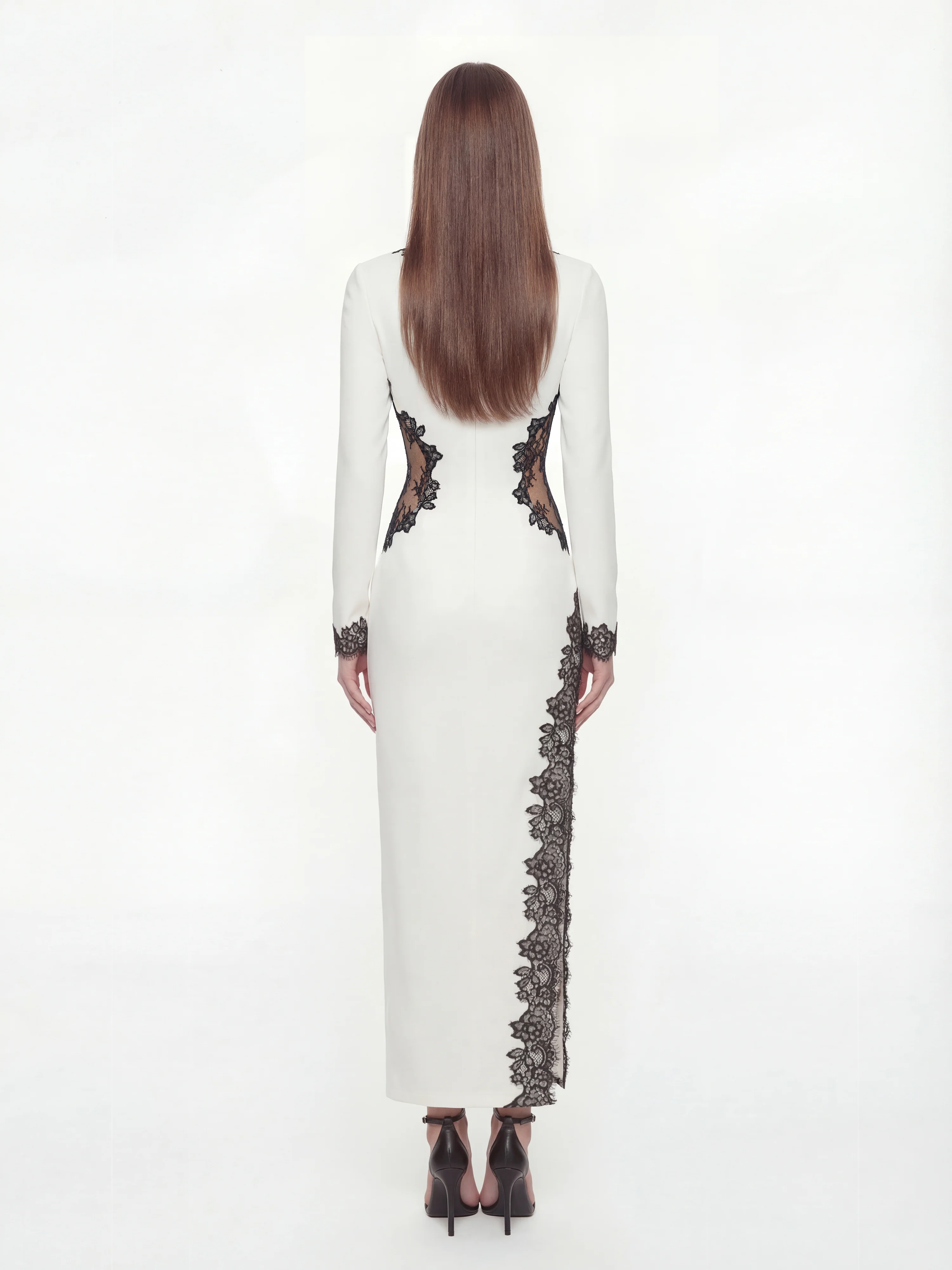Adriana Lace Trim High-Slit Ivory Acetate Dress - Image 5