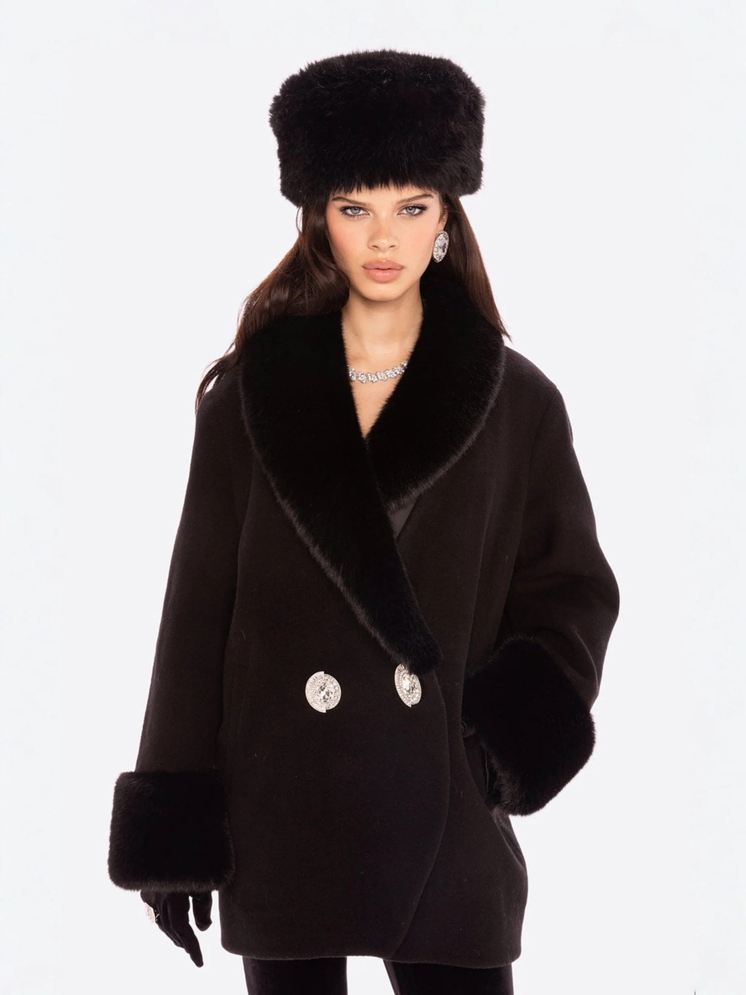 Althea Faux Fur Collar Cocoon Coat (Black) - Image 2