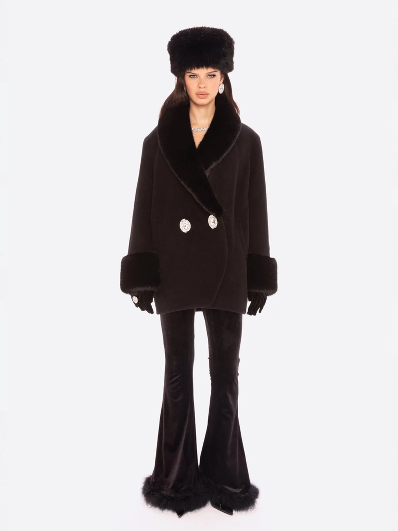 Althea Faux Fur Collar Cocoon Coat (Black) - Image 3