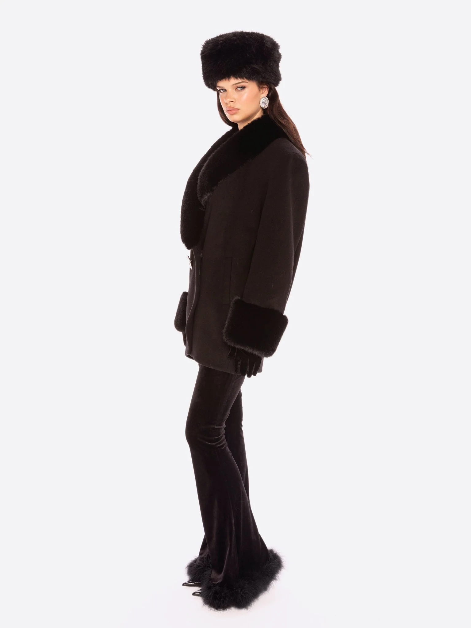 Althea Faux Fur Collar Cocoon Coat (Black) - Image 4