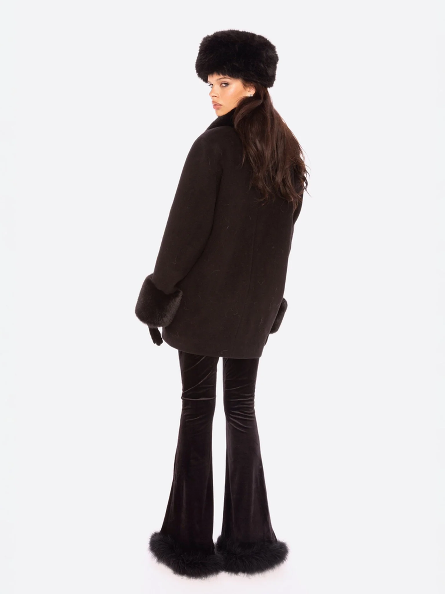 Althea Faux Fur Collar Cocoon Coat (Black) - Image 5