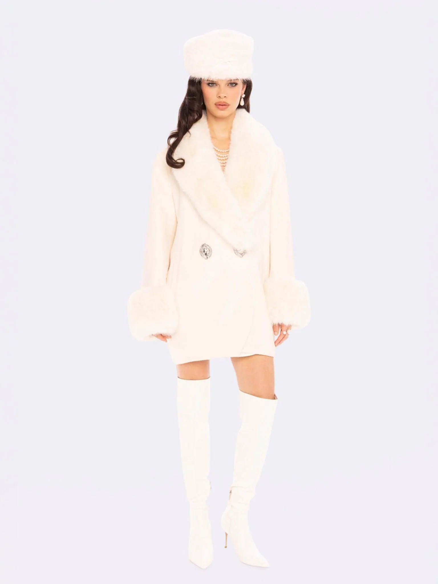 Althea Faux Fur Collar Cocoon Coat (White)