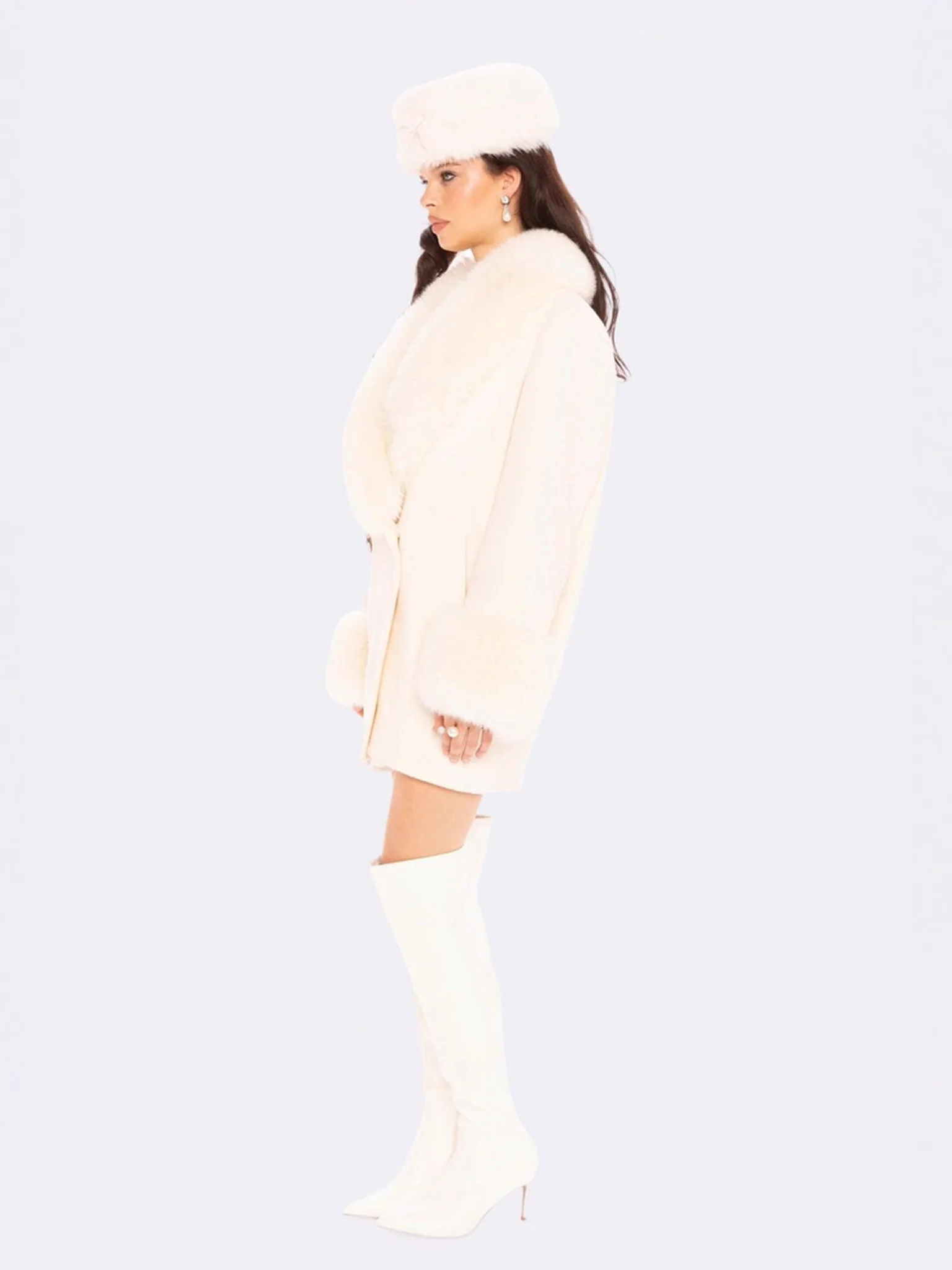 Althea Faux Fur Collar Cocoon Coat (White) - Image 6
