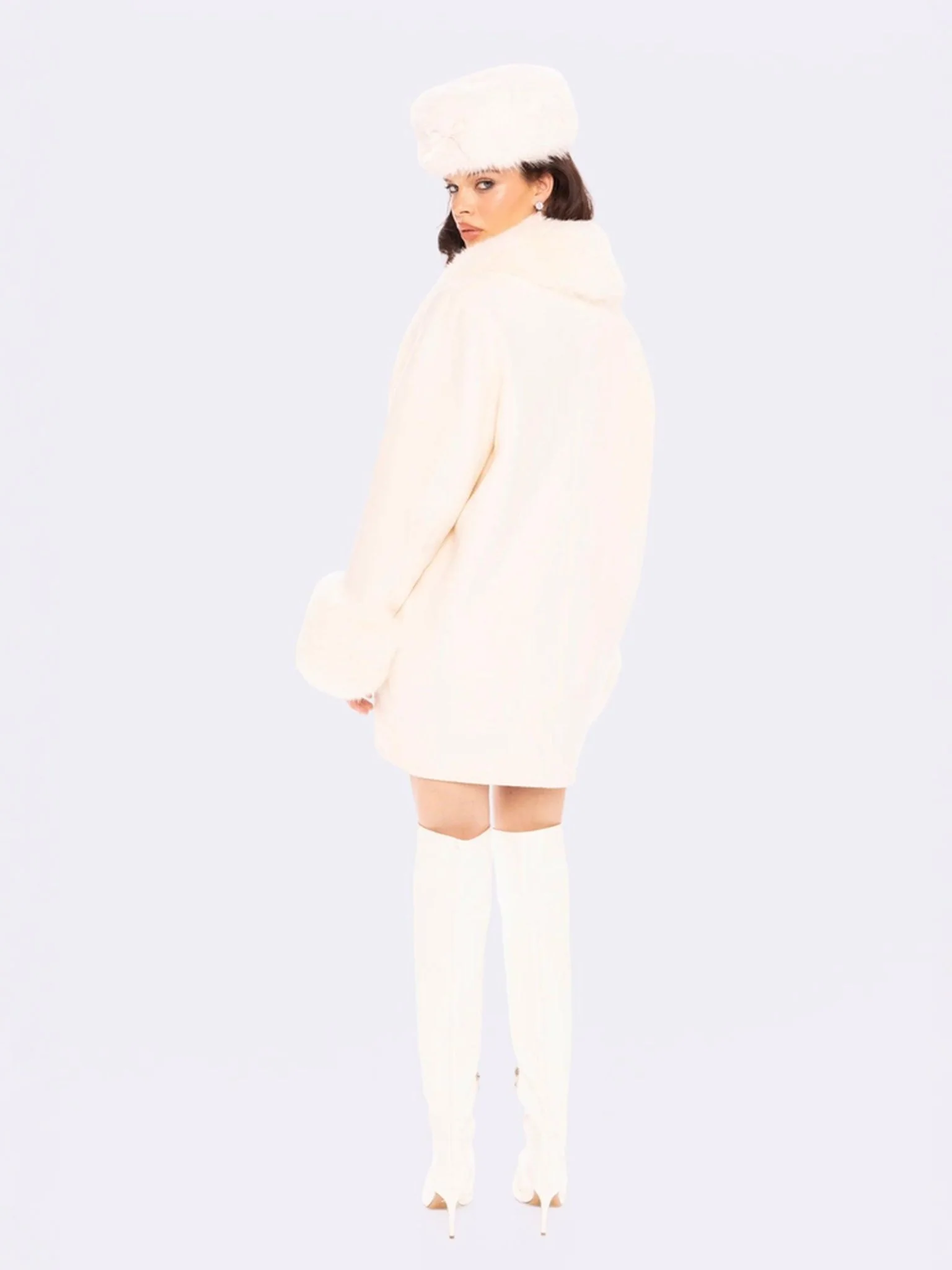 Althea Faux Fur Collar Cocoon Coat (White) - Image 7