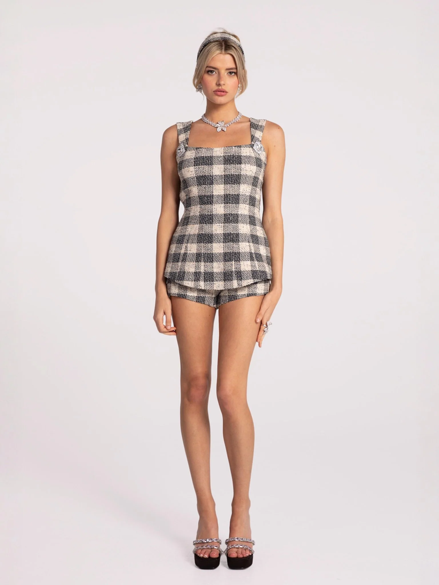 Annabella Textured Woven Black Checkered Bow Top (Final Sale) - Image 2