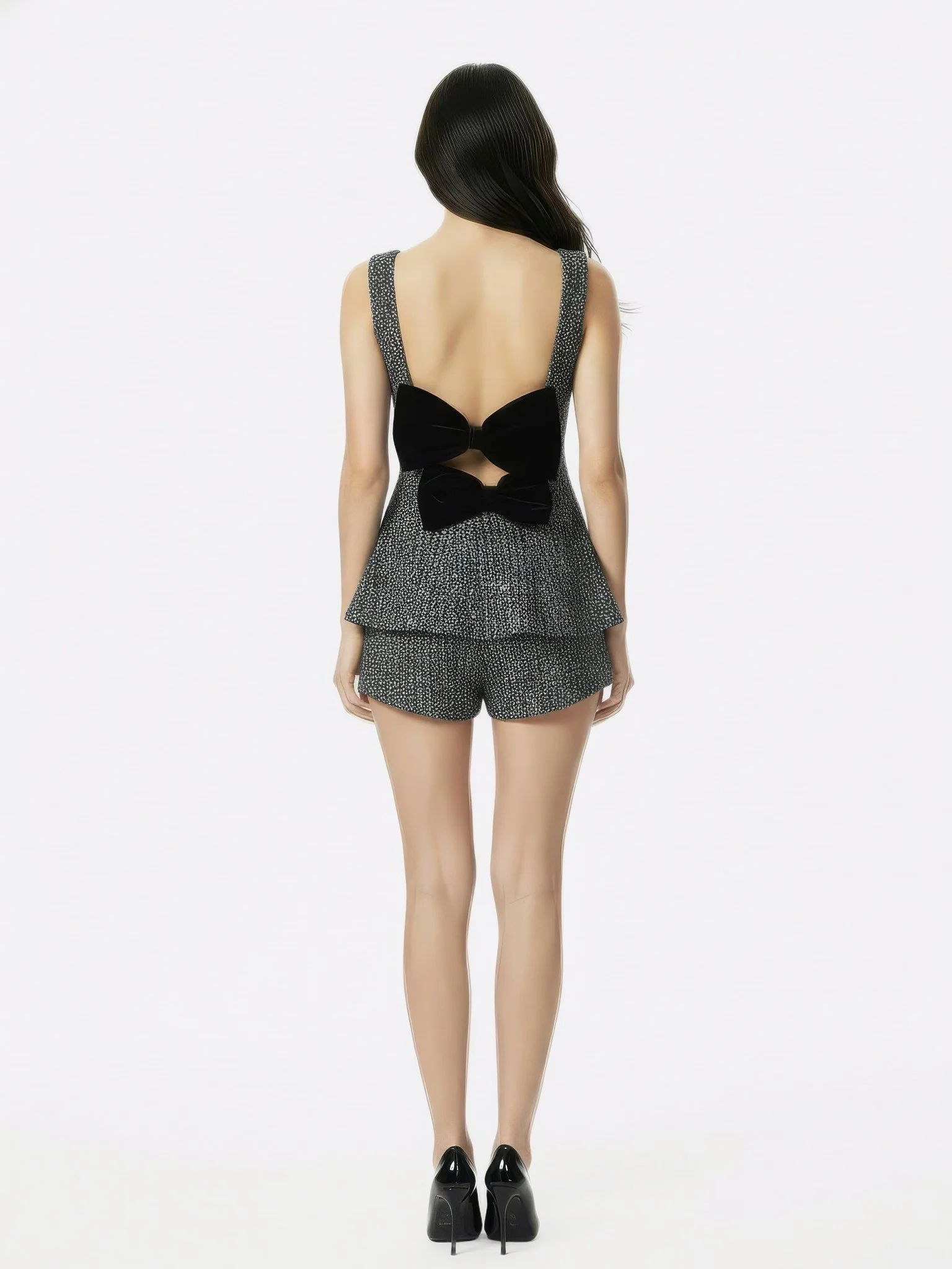Annabella Textured Woven Black & Silver Bow Top - Image 3