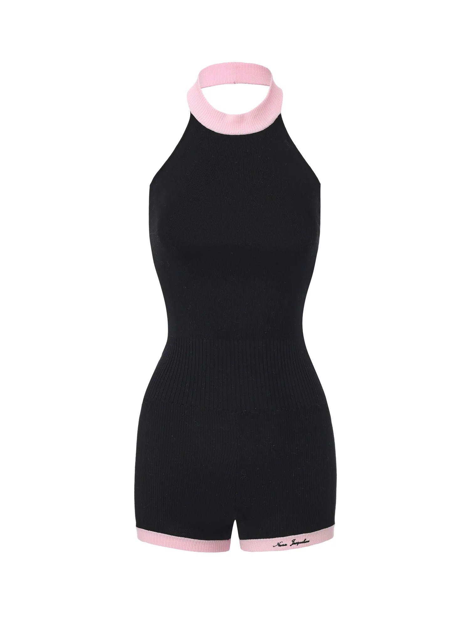 Ava Contrast Halter Knit Black Romper - Image 8