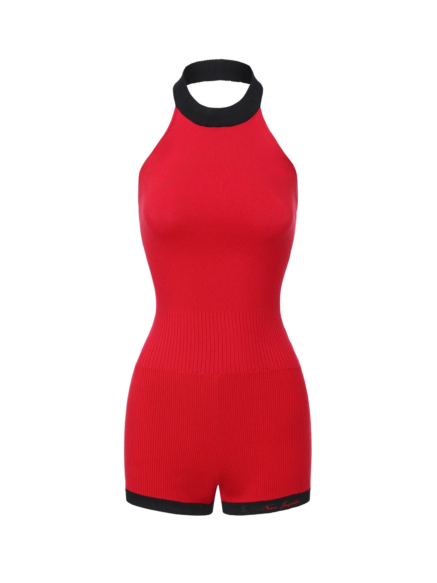 Ava Contrast Halter Knit Red Romper - Image 11