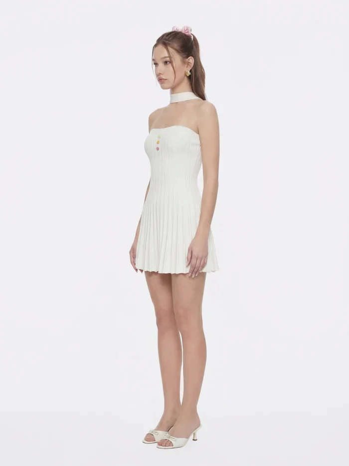 Ava Reverse Halter White Knit Flared Dress - Image 6