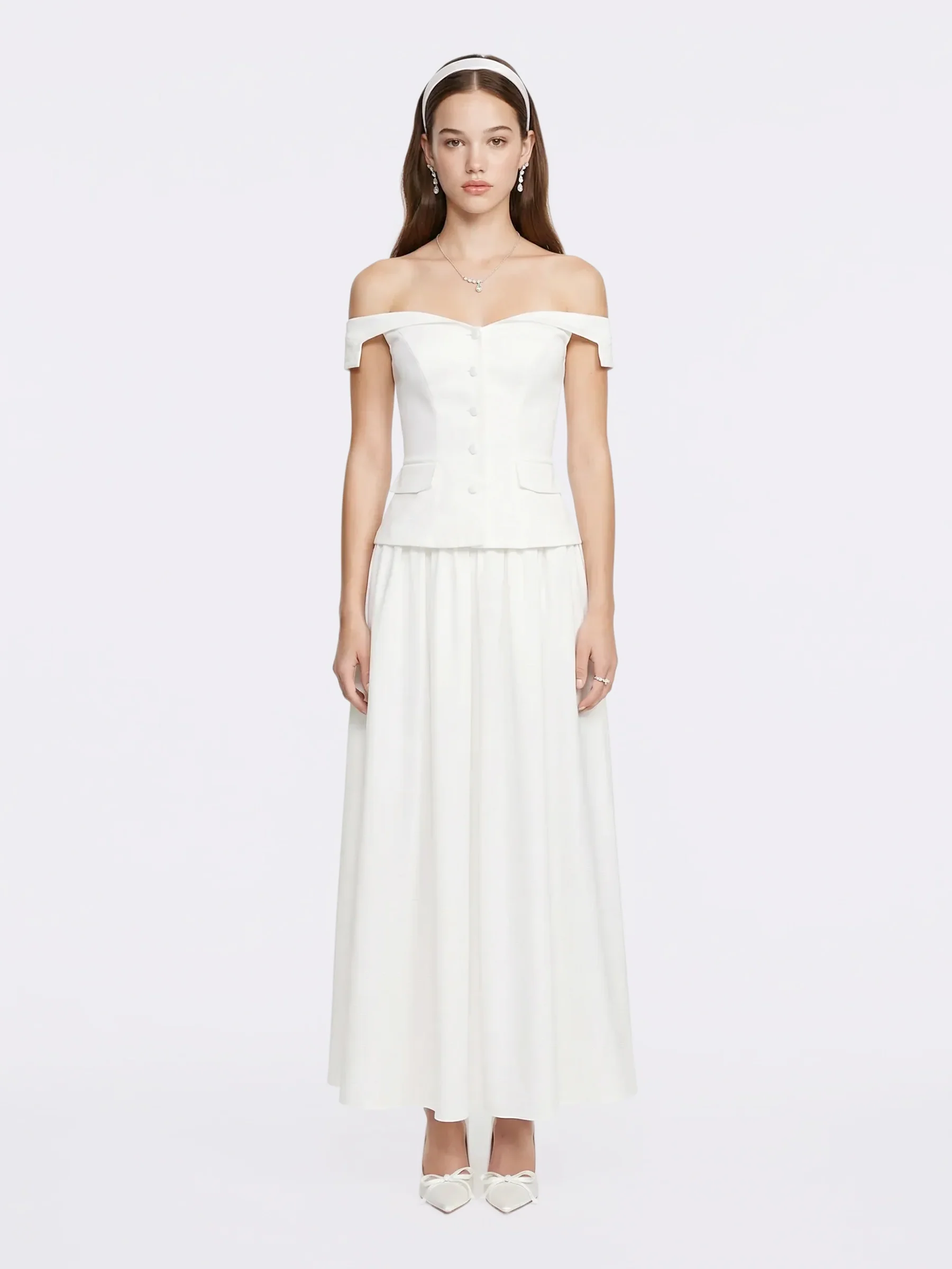 Claudine High-Waist A-Line White Midi Skirt