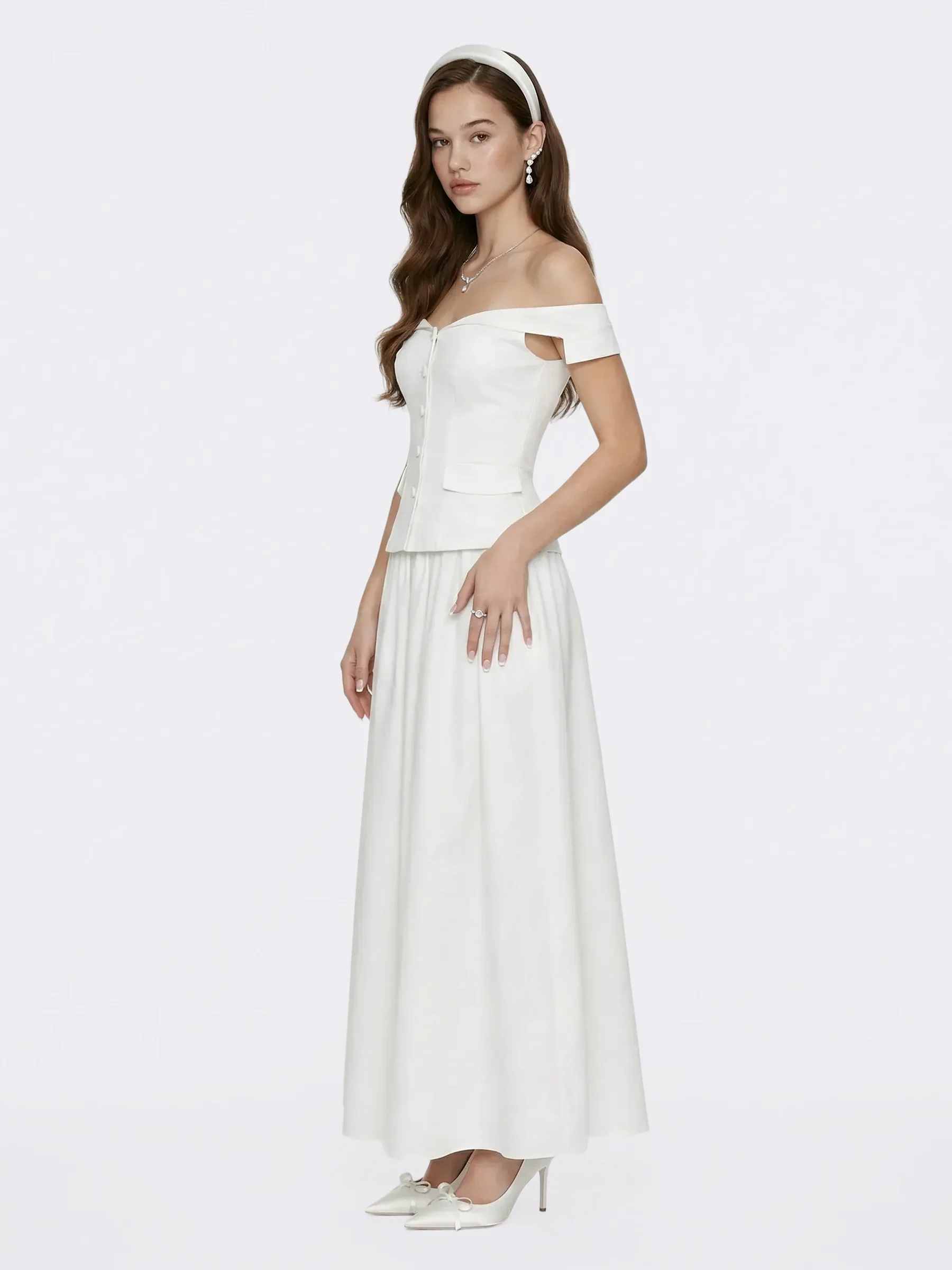 Claudine High-Waist A-Line White Midi Skirt - Image 8