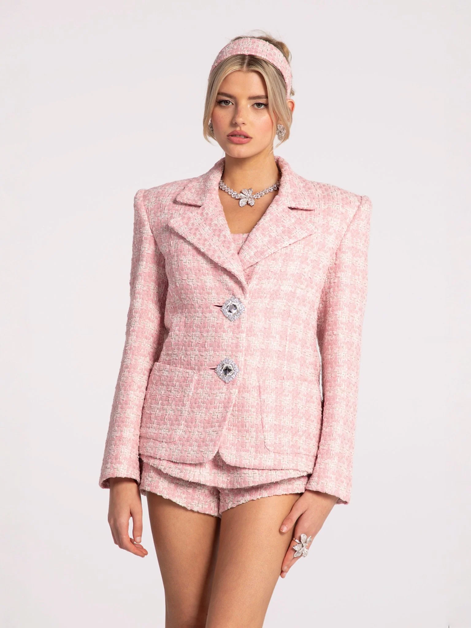 Elsa Woven Pink Checkered Knit Headband - Image 2