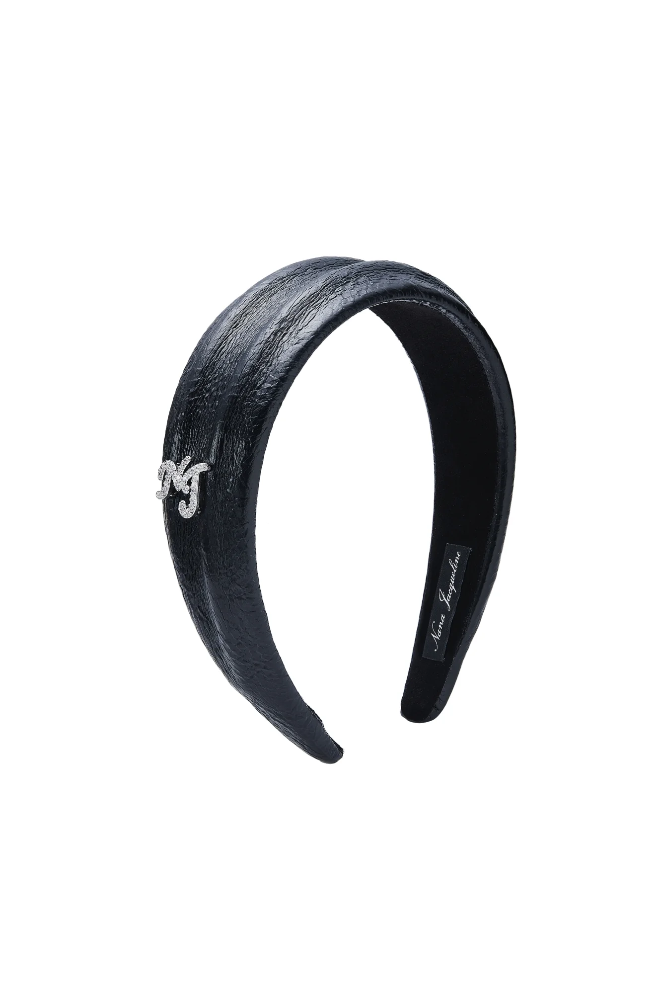 Eugenie Crystal-Detail Black Leather Headband