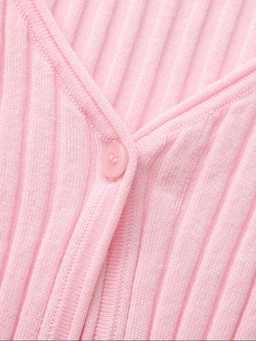 Jane Cropped Ribbed Pink Knit Cardigan - Image 7