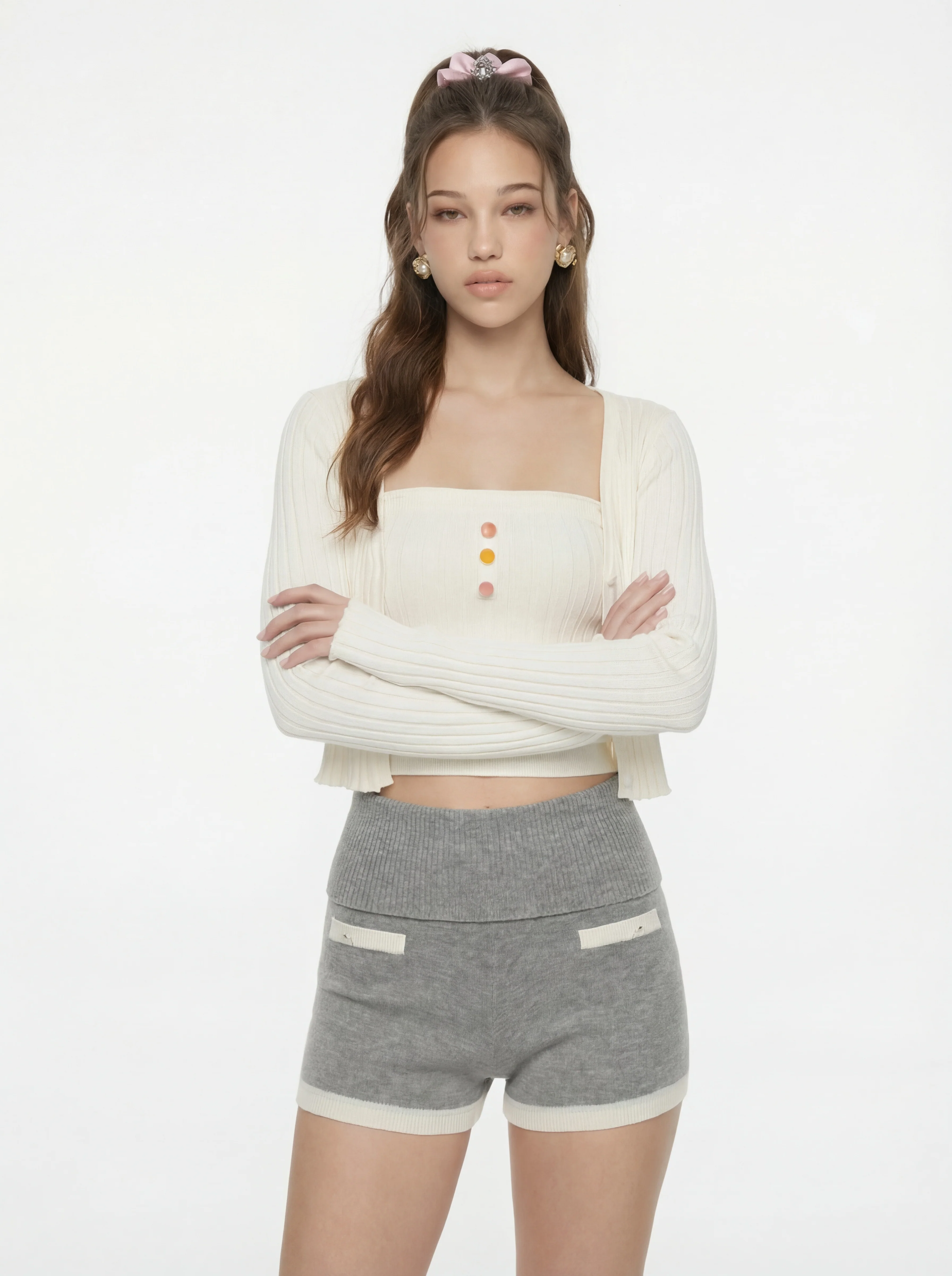 Jane Cropped Ribbed White Knit Cardigan