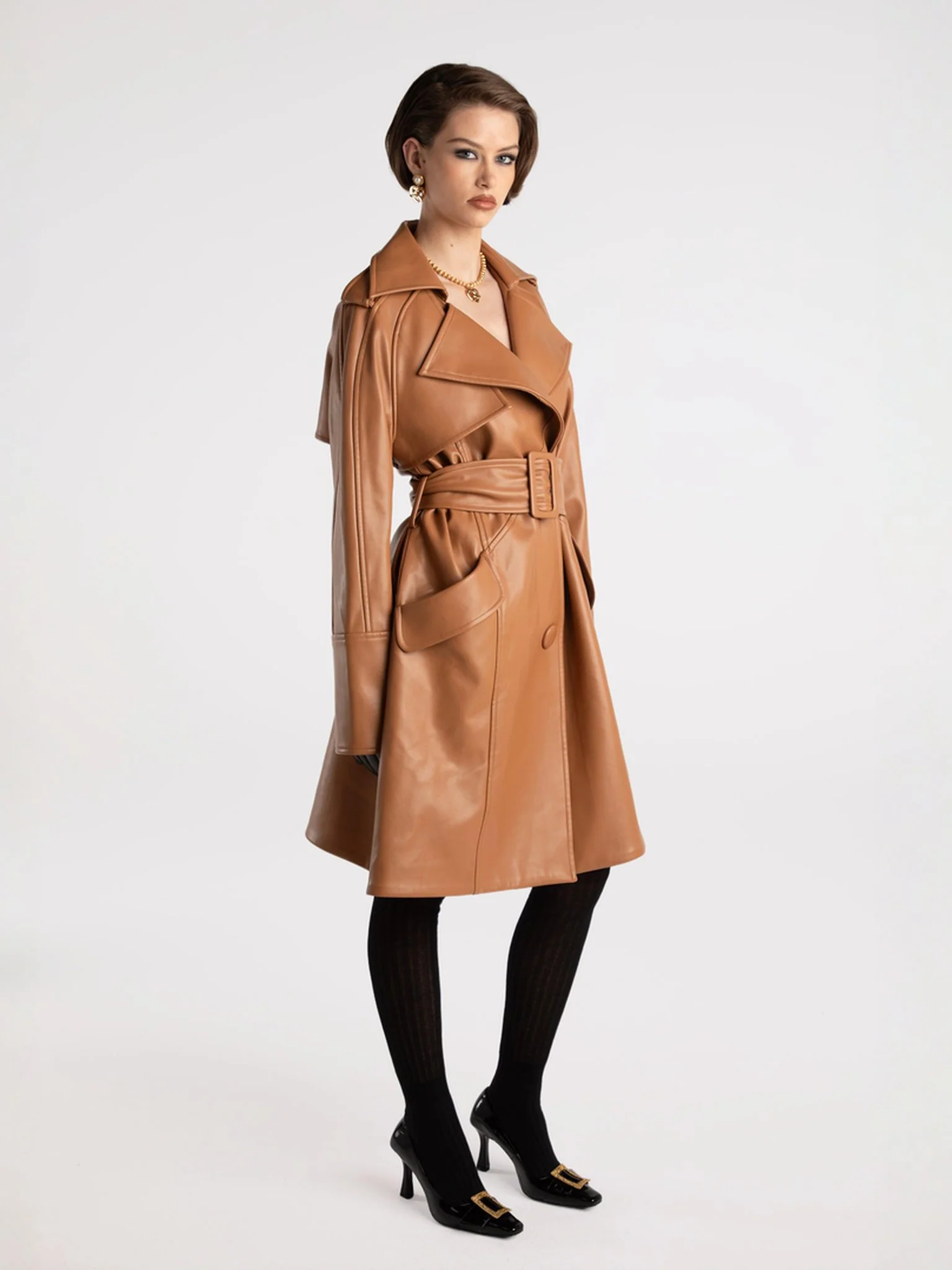 Keira Leather Trench Coat (Brown) (Final Sale) - Image 8