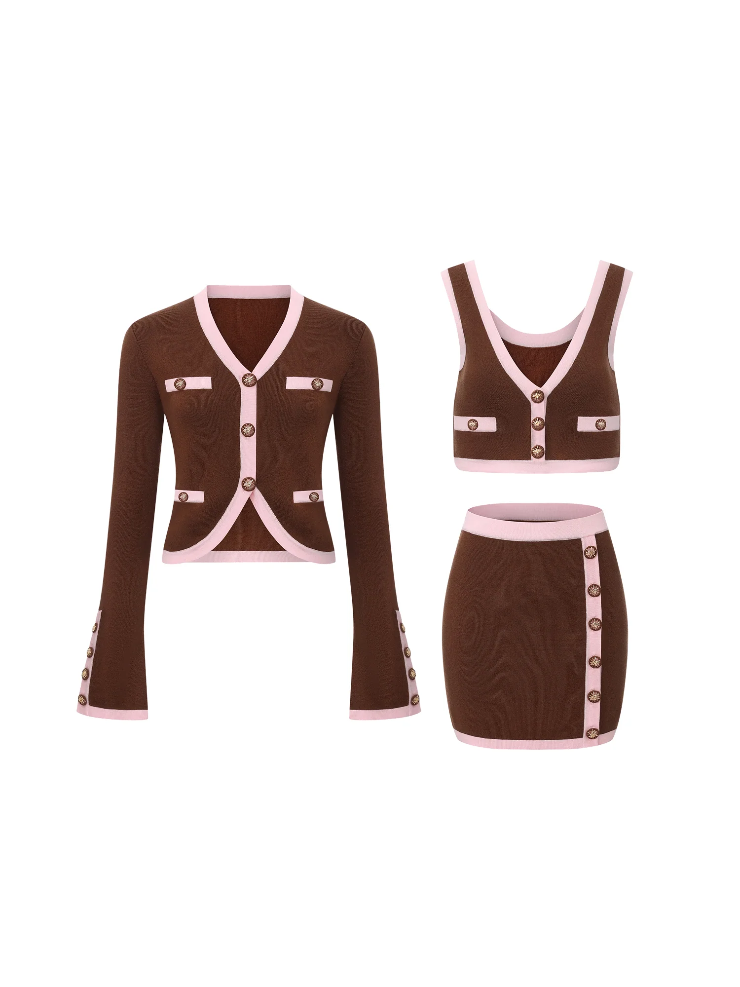 Lisette Contrast-Trim Brown Knit Three-Piece Set - Image 11