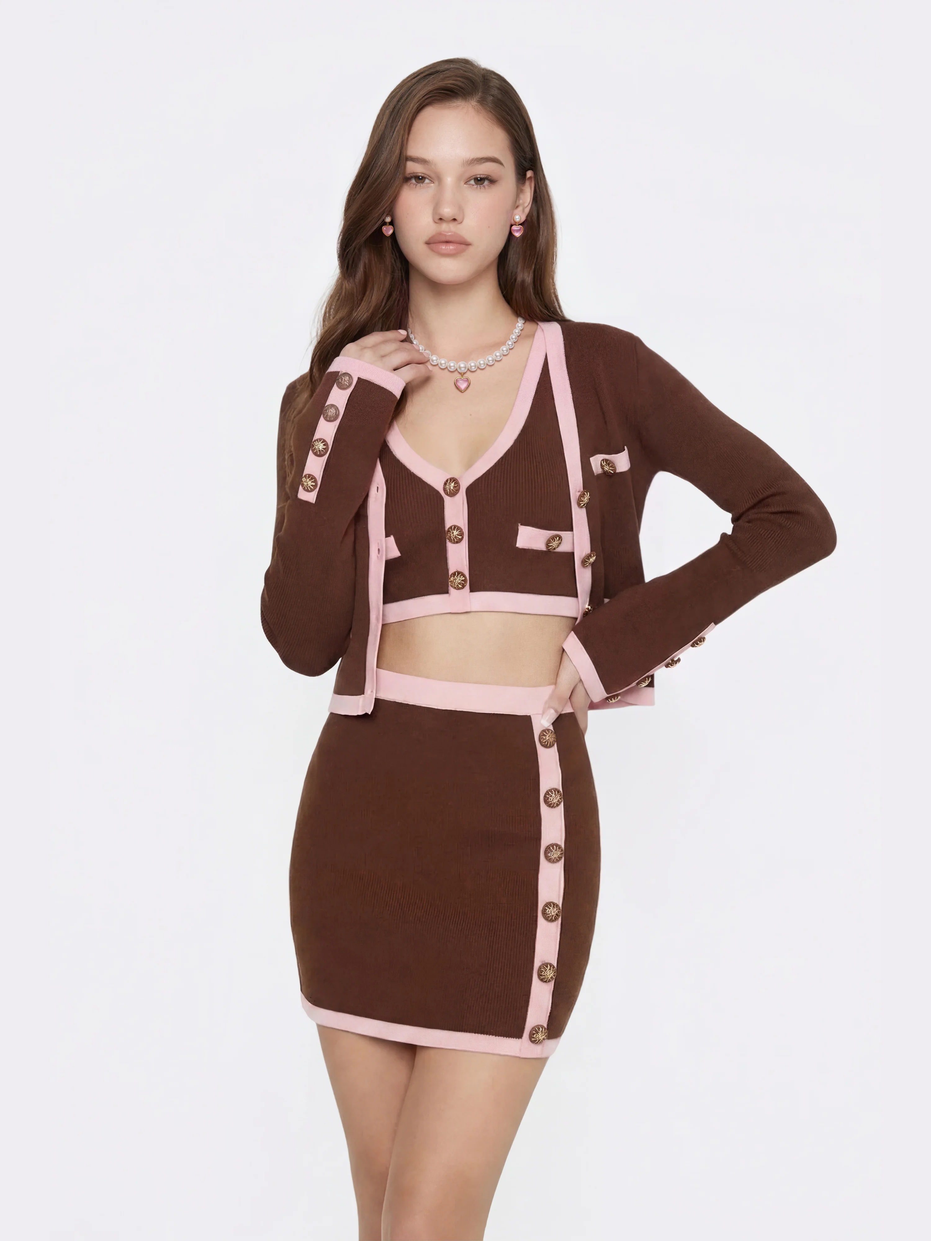 Lisette Contrast-Trim Brown Knit Three-Piece Set - Image 5