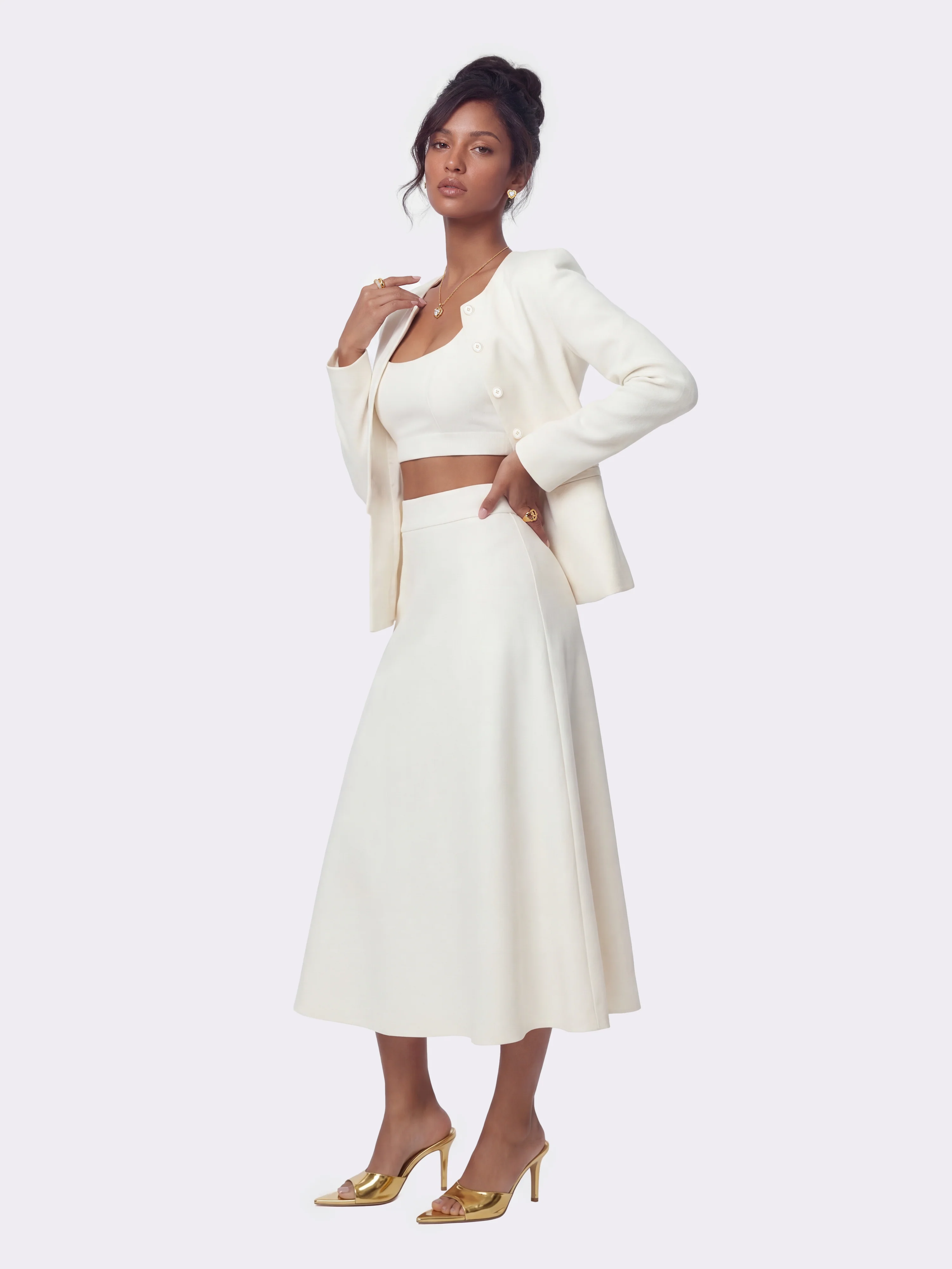Natalia Tailored A-Line White Midi Skirt - Image 2