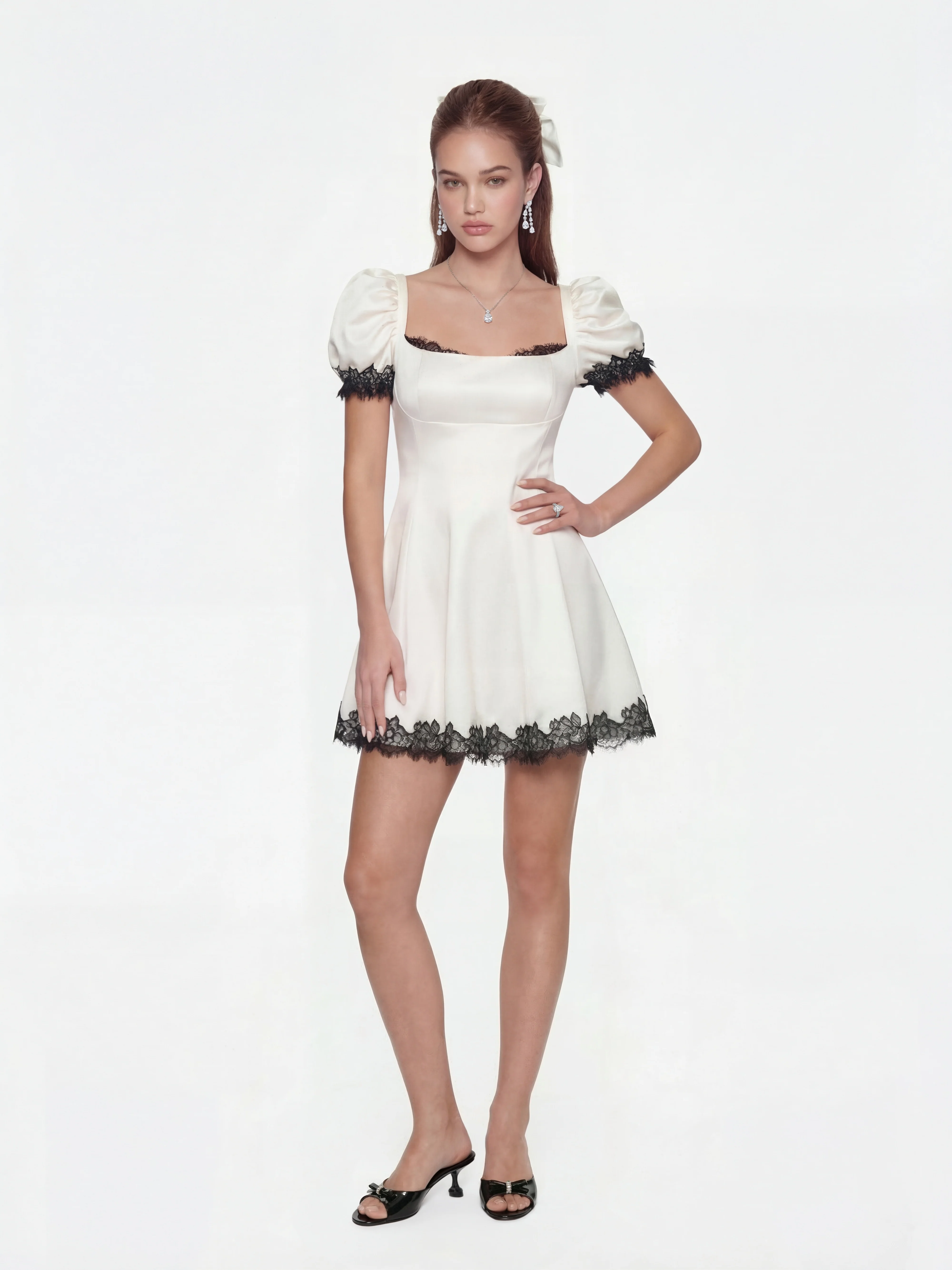 Natalia White Lace Puff Sleeve Mini Dress