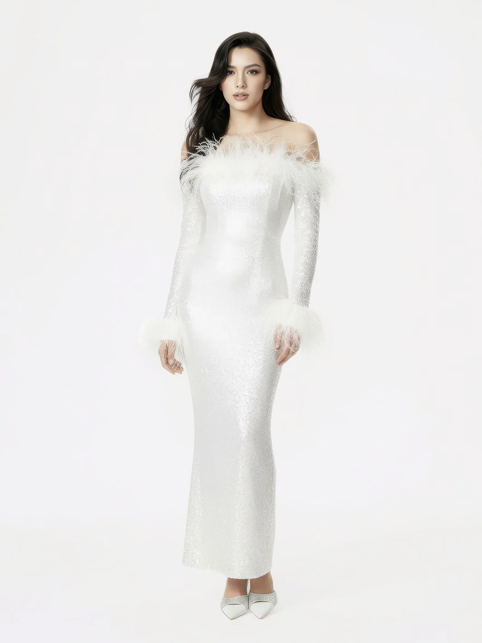 Neva Sequin Maxi Dress (White) - Image 5