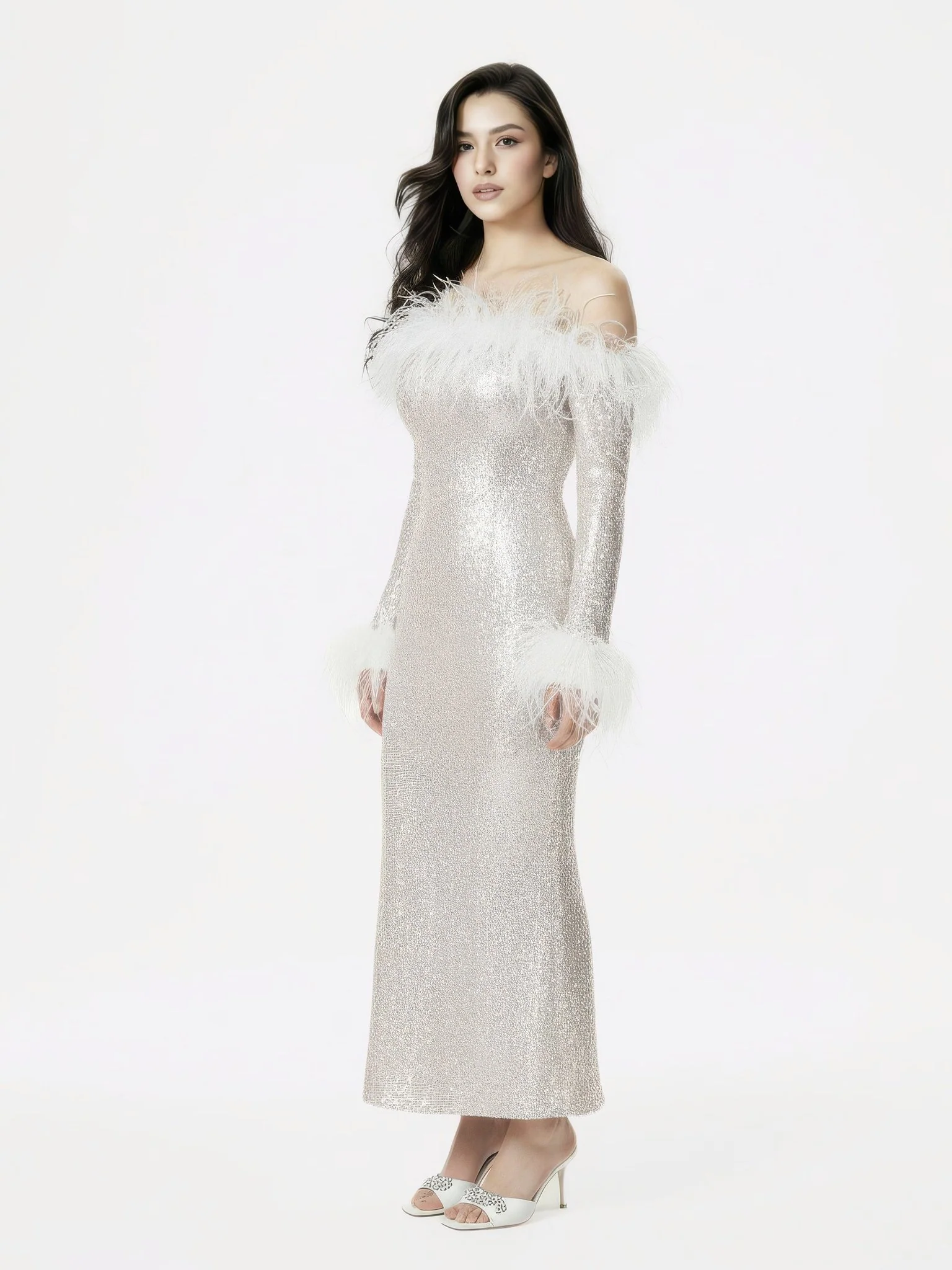 Neva Sequin Maxi Dress (White) - Image 6