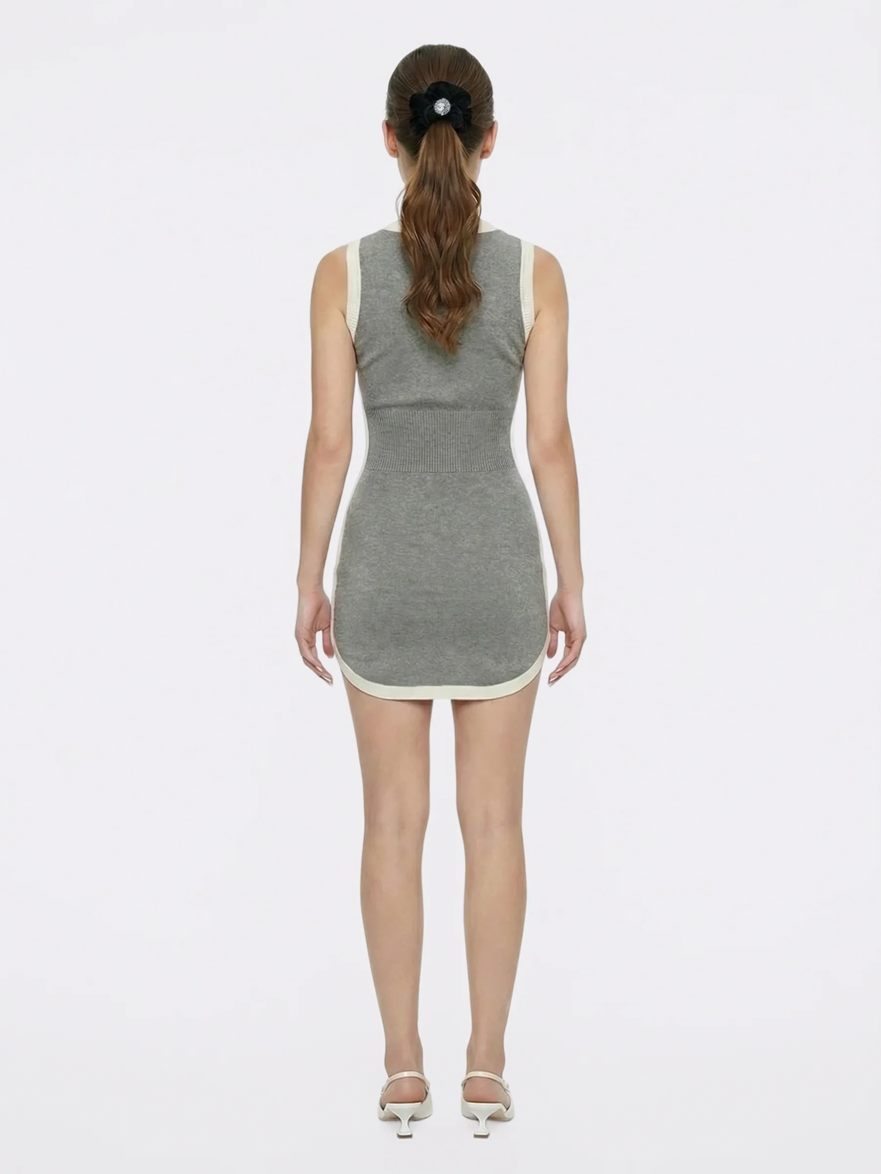 Wilhelmina Contrast-Trim Knit Grey Mini Dress - Image 3