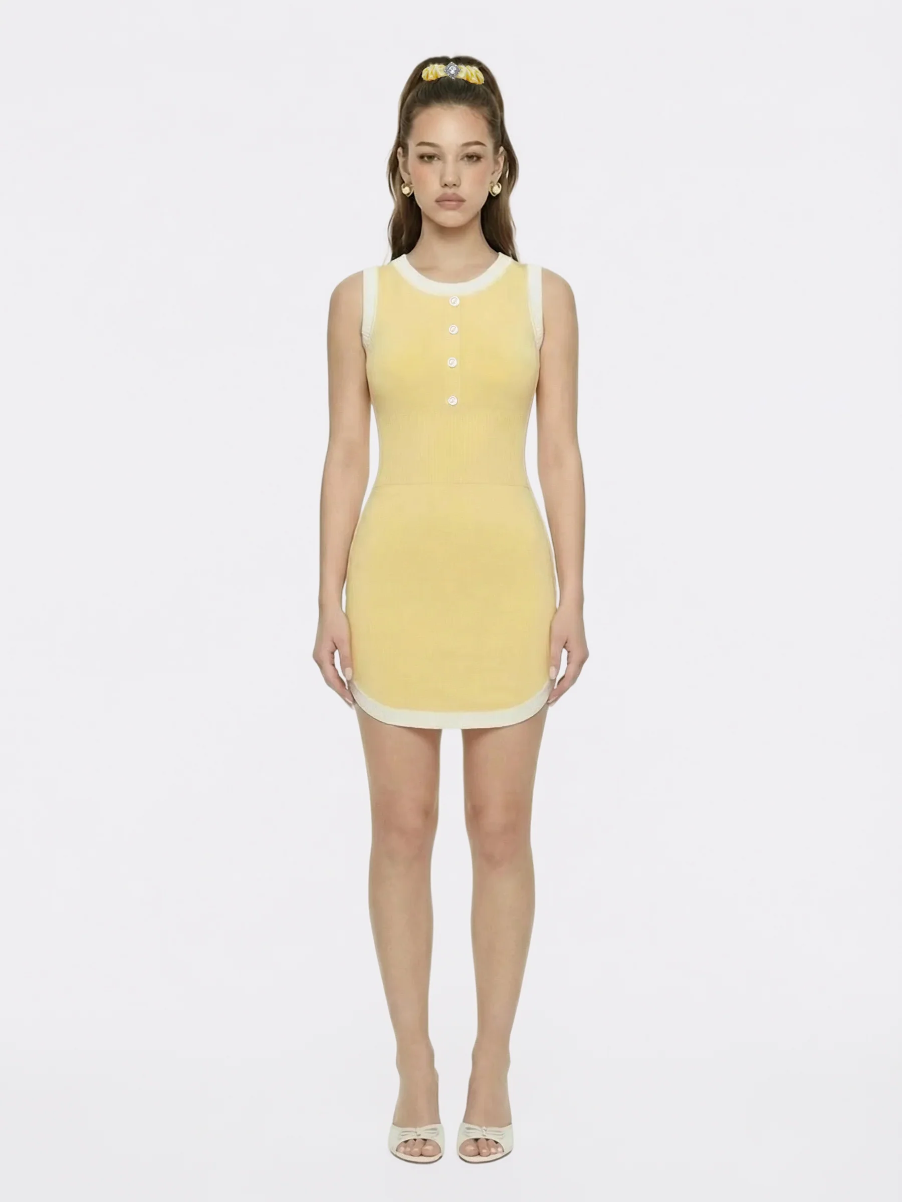 Wilhelmina Contrast-Trim Knit Yellow Mini Dress